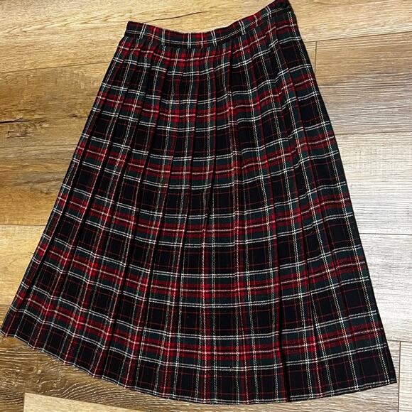 VTG SUSAN BRISTOL Merino Wool Plaid Midi Skirt Sz 10 Red Green Holiday Academia - Picture 2 of 8